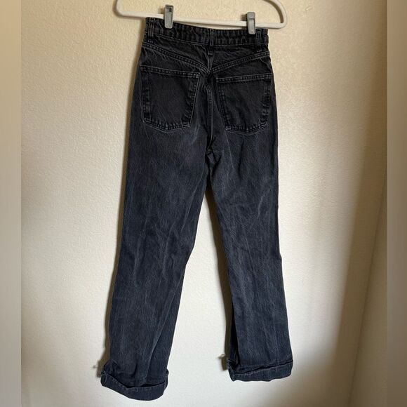 ZARA Cuffed Hem Folded Over High Rise Wide Leg Jeans Sz 4 Black Distressed - Picture 6 of 8